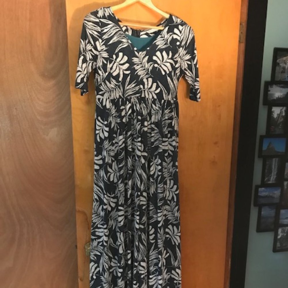 Gorgeous eShakti Teal Tropical Palm Leaf Print Maxi Dress Empire Full Slip L